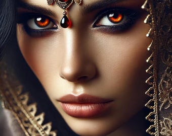 May include: A close-up portrait of a woman with dark hair and intense orange eyes. She is adorned with a gold headpiece featuring a red gem and a teardrop pendant. A gold veil drapes around her face, creating an elegant and exotic appearance.