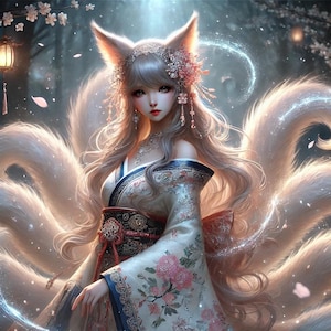 Puede incluir: Un espíritu de zorro blanco que lleva un kimono japonés tradicional con patrones florales y una diadema blanca con flores rosas. El zorro tiene nueve colas blancas con luces brillantes.