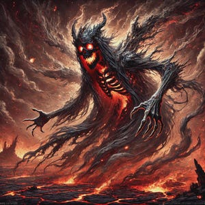 Puede incluir: Ilustración digital de una figura demoníaca con un núcleo rojo ardiente y un tórax esquelético. La criatura tiene pelo negro largo y fluido y brazos con garras afiladas. El fondo es un paisaje infernal de lava y humo.
