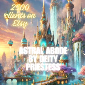Könnte beinhalten: Digitales Kunstwerk eines Fantasy-Schlosses mit Wasserfällen und türkisfarbenen Akzenten. Der Text lautet "2500 Kunden auf Etsy" und "Astral Abode by Deity Priestess."