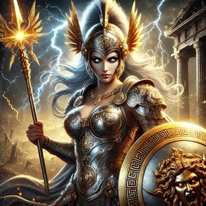 Puede incluir: Una figura de guerrera femenina con cabello blanco y ojos azules, que lleva un casco y una armadura dorados, sosteniendo una lanza y un escudo con un dise&ntilde;o de cabeza de Medusa.