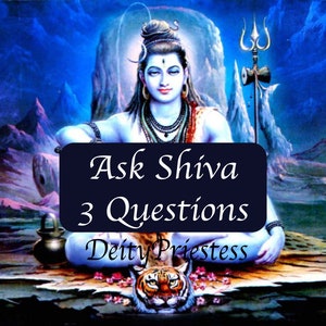 May include: An image of a spiritual figure with a serene expression, adorned with jewelry and a crown. The background features a mountainous landscape and a dark blue sky. Text on the image reads "Ask Shiva 3 Questions Deity Priestess."