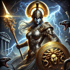 Puede incluir: Una figura de guerrera femenina con un casco y una armadura dorados, sosteniendo una lanza y un escudo con un diseño de cabeza de Medusa. El fondo es azul oscuro con rayos.