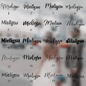 May include: A grid of 20 black and white images with the word "Mieligsu" written in cursive script. Each image is numbered from 1 to 20.