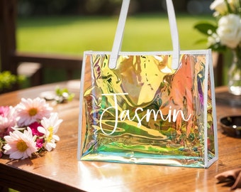 Custom Holographic Tote，for Bridesmaid bachelorette personalized，Clear Tote Bag