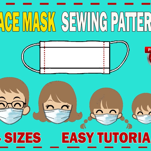 Gezichtsmasker naaipatroon Easy Tutorial, 2 plooien, comfortabel 4 maten: volwassene, tiener, kind, peuter (PDF sjabloon)