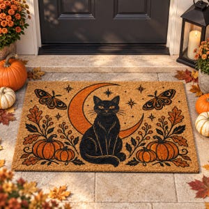 May include: A rectangular coir doormat featuring a black cat sitting in front of a large orange crescent moon. The design includes two moths, autumn leaves, berries, and pumpkins on both sides, accented with small four-pointed stars.