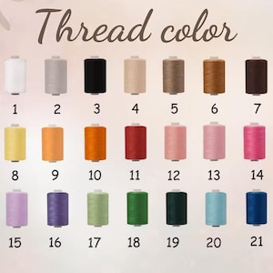May include: Image showing a color chart of thread spools. The text "Thread color" is at the top. The spools are numbered 1-21 and are in various colors, including white, black, brown, pink, and blue.