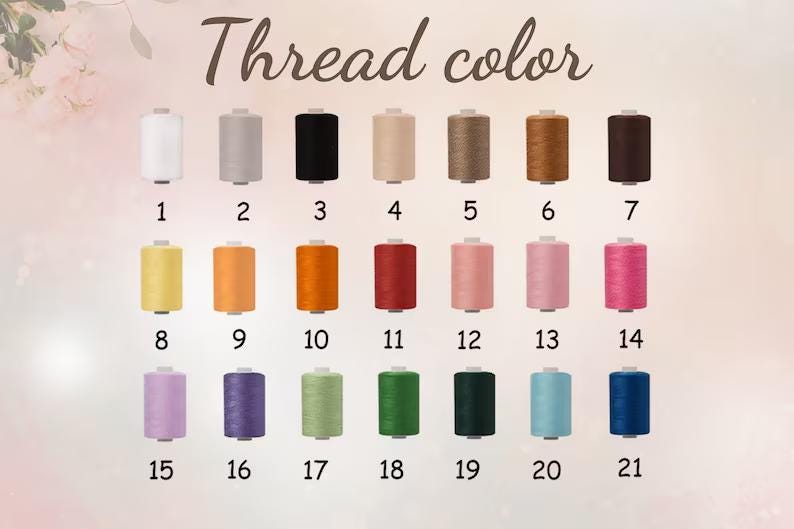 May include: Image showing a color chart of thread spools. The text "Thread color" is at the top. The spools are numbered 1-21 and are in various colors, including white, black, brown, pink, and blue.