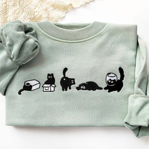 Mooie zwarte kat geborduurd sweatshirt, geborduurd kattensweatshirt, sweatshirt met ronde hals, Unisex sweatshirt, cadeau voor kattenliefhebber