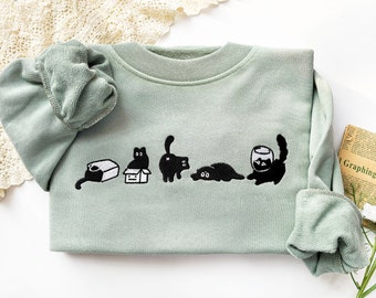 Joli sweat brodé chat noir, sweat chat brodé, sweat ras du cou, sweat unisexe, cadeau pour amoureux des chats