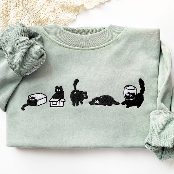 Joli sweat-shirt brodé chat noir, sweat-shirt chat brodé, sweat-shirt à col rond, sweat-shirt unisexe, cadeaux pour les propriétaires de chats