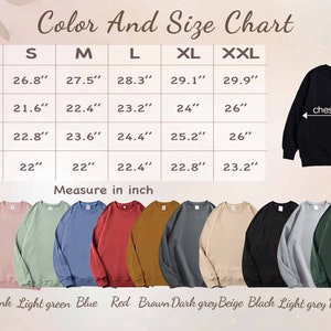 May include: Size chart for a sweatshirt in various colours, including white, pink, light green, blue, red, brown, dark grey, beige, black, light grey, and dark green. The chart shows measurements in inches for length, chest, shoulder width, and sleeve length for sizes S, M, L, XL, and XXL.