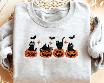 Broderad Halloween-katt-pumpa-tröja, söt svart katt- och pumpatröja, höstkläder, mysig höstmode, kattälskare Halloween