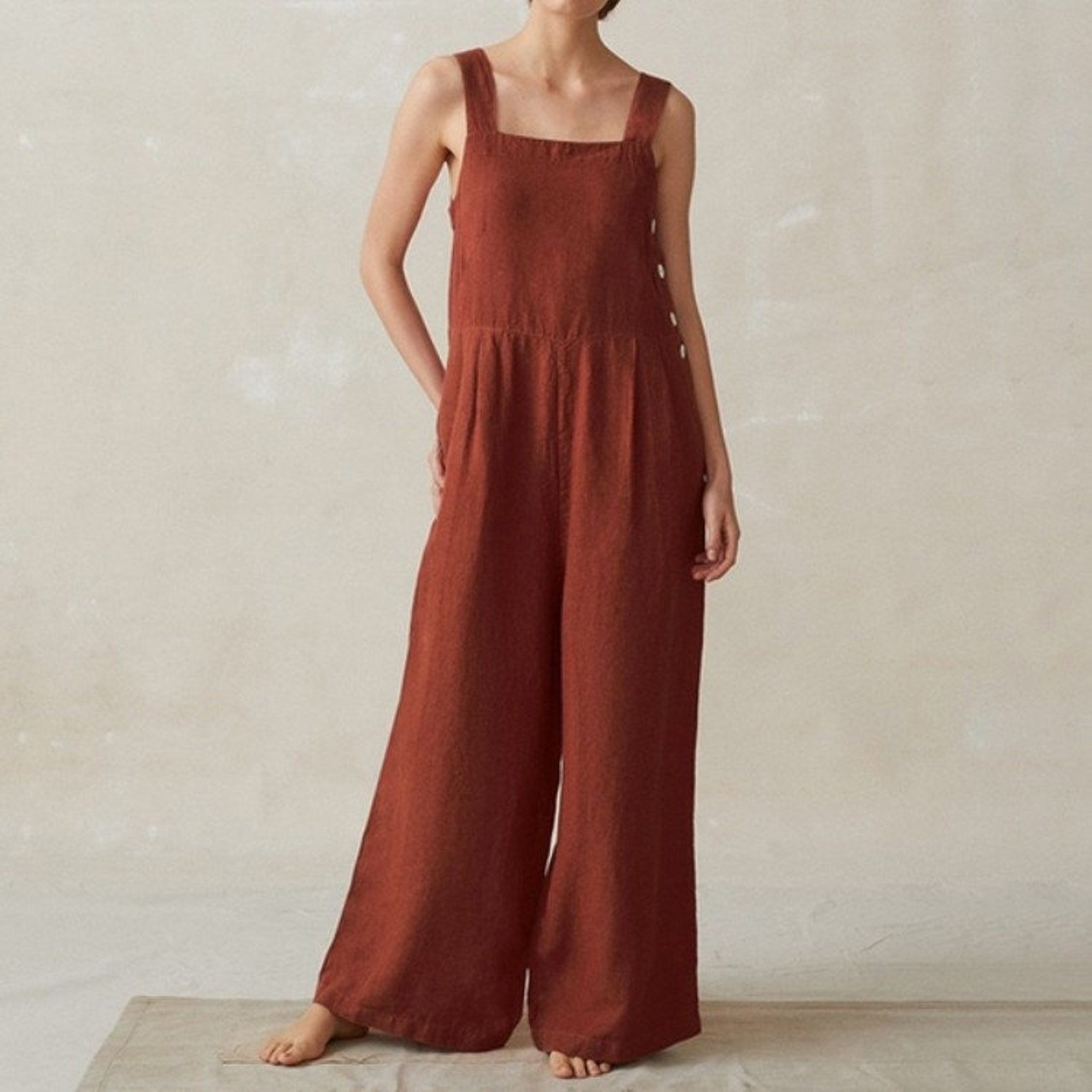 Wide Leg Jumpsuit Women's Side Button Cotton Linen Pocket Etsy