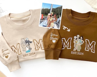 Mom Sweatshirt with Photo, Custom Embroidered Hoodie Mama Portrait, Varsity Sportshirt, Custom Embroidery Sportshirt ,Mothers Day Gifts