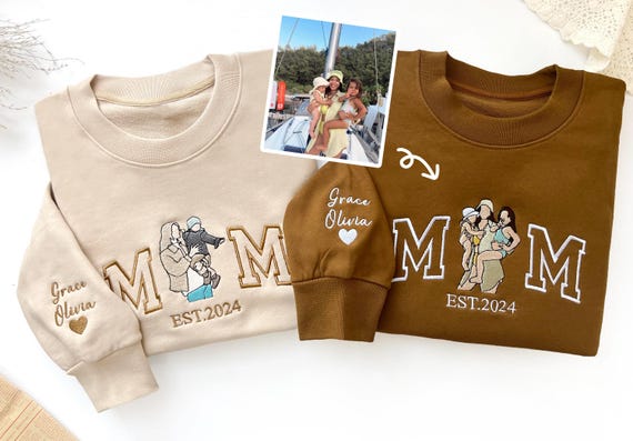 Mom Sweatshirt with Photo, Custom Embroidered Hoodie Mama Portrait, Varsity Sportshirt, Custom Embroidery Sportshirt ,Mothers Day Gifts
