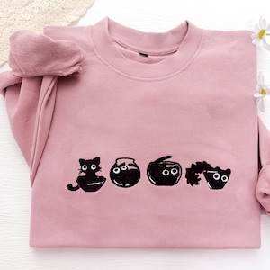 かわいい黒猫の刺繍入りスウェットシャツ、刺繍入り黒猫のスウェットシャツ、面白い刺繍入りスウェットシャツ、ユニセックススウェットシャツ、猫好きの方へのギフト