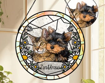Attrape-soleil en vitrail pour portrait d'animal de compagnie personnalisé, vitrail commémoratif de chien, portrait de chien personnalisé à partir d'une photo, cadeaux de sympathie, vitrail de chat