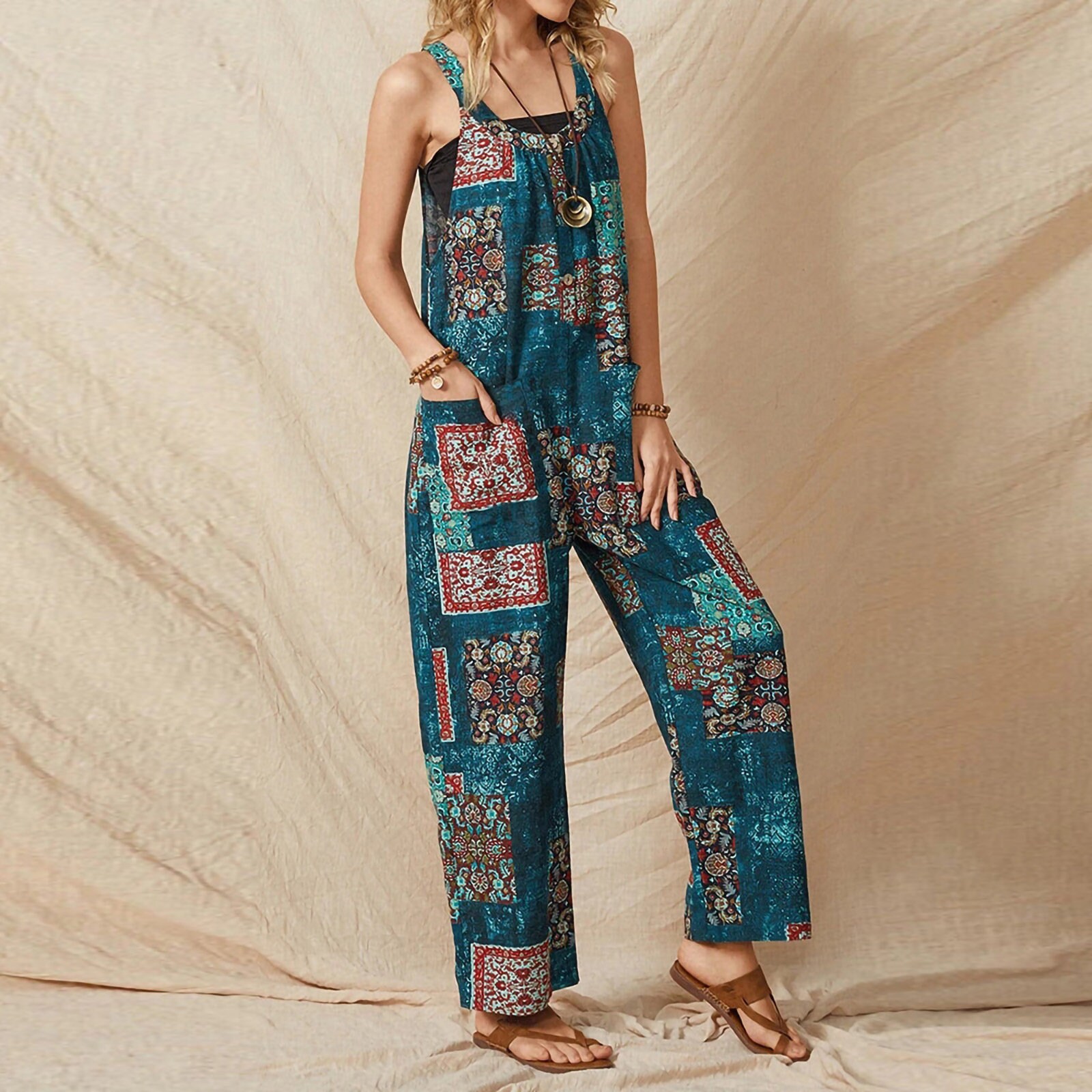 Vintage printed jumpsuit with cotton and linen pockets loose Etsy