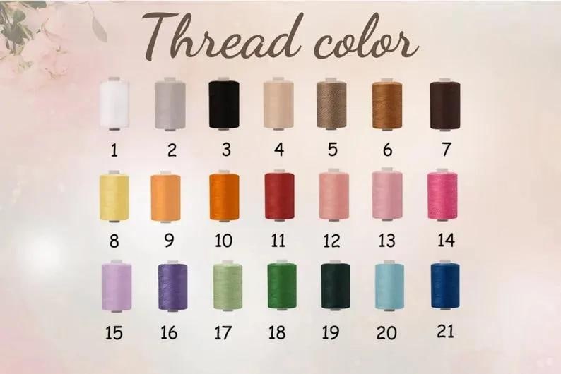 May include: A chart showing 21 different colors of thread spools. The spools are numbered 1 through 21. The colors include white, gray, black, beige, brown, pink, yellow, orange, red, light blue, dark blue, green, and purple.