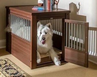 Rustic Pet Furnitures Dog Kennel for Indoor, Livingroom Dog Crate Wooden and Plastic