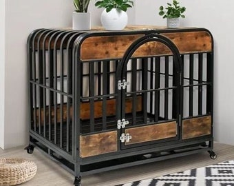 Modern Dog Crate, Dog Kennel With Pull-out Tray And Lockable Omni-directional Wheels, Hard Steel Pipe And Heavy Duty Wooden Panel