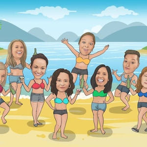 Big Group Caricature, Fun Summer Beach Caricature, Custom Cartoon Portrait, Drawing From Photo - Best Friends Soulmate Drawing