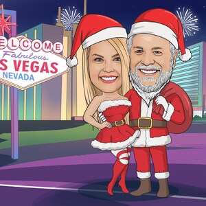 May include: A cartoon illustration of a couple dressed in Santa Claus outfits in front of the Welcome to Fabulous Las Vegas sign. The woman wears a red dress and Santa hat. The man wears a Santa suit and carries a sack.