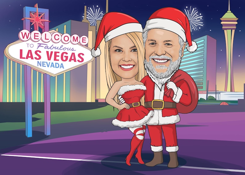 May include: A cartoon illustration of a couple dressed in Santa Claus outfits in front of the Welcome to Fabulous Las Vegas sign. The woman wears a red dress and Santa hat. The man wears a Santa suit and carries a sack.