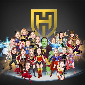 20 People Group Superhero Caricature, Custom Cartoon Portrait, Cartoon Portrait From Photo - Drawing of Friends