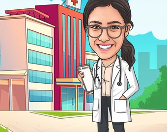 Dibujo Doctor Cartoon Portrait, Caricature Drawing : Regalo de graduación para estudiantes de medicina, médicos, pediatría, cirujanos