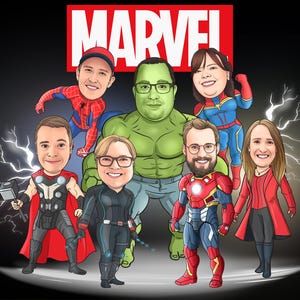 Superhero Caricature Portrait, boss leaving gift, boss christmas gift, coworker valentines, Drawing from Photo - Marvel