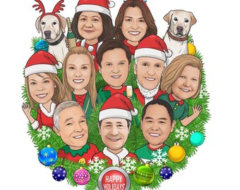 Group of 5-15 people Christmas Gift Caricature - Custom Group Caricature , artist for hire