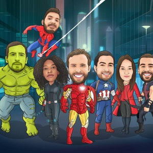 Superheld Karikatur-Porträt, kundenspezifisches Karikatur-Porträt, Zeichnung vom Foto - Captain America / Hulk / Captain Marvel - Mitarbeiter Geschenk