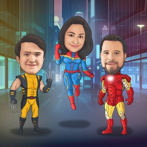 Superhero Custom Cartoon Portrait, Caricature Portrait Three People, Cartoon Portrait from Photos