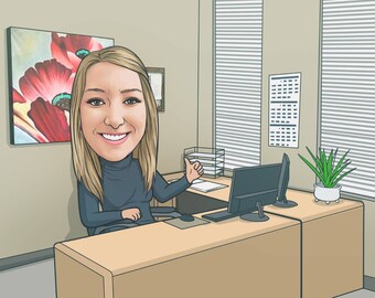 Custom Drawing from Photo for Coworker Leaving Gift, Cartoon Portrait From Photo  - Add Person to Photo Drawing