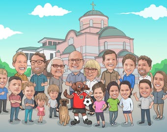 Group of 5-15 ppl Christmas Gift Caricature, Custom Group Caricature ,Cartoon Characters, Draw a Cartoon, Portraits, Corporate Group Drawing