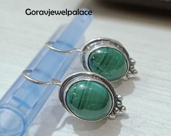 Malachite Dangle Earrings: Handmade 925 Sterling Silver, Oval Gemstone