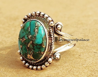 Handmade Copper Turquoise Ring: 925 Sterling Silver Band