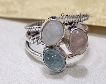 Moonstone & Aquamarine Ring, 925 Sterling Silver Ring, Three Band Handmade Ring, Oval Gemstone Ring, Women Jewelry, Rose quartz ring