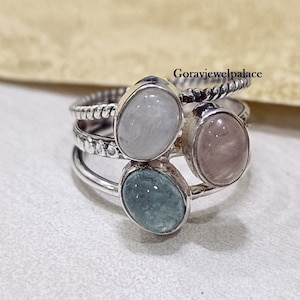 Handmade Sterling Silver Moonstone Aquamarine Ring: Three Band Oval Gemstone