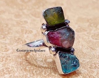 Raw Aquamarine, Tourmaline & Peridot Ring: Handmade 925 Silver Band