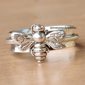 Anillo giratorio de abeja de miel: anillo de meditación de plata de ley 925