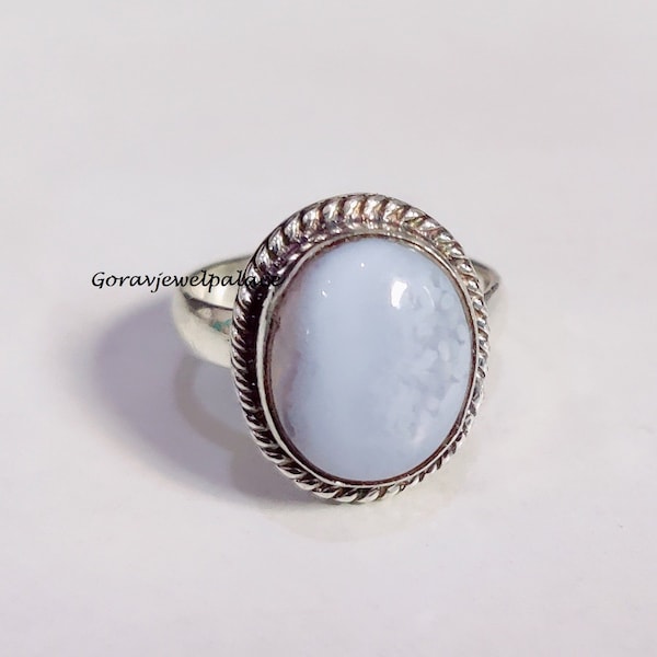 Anillo de ágata de encaje azul: banda de plata de ley 925 hecha a mano