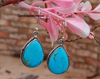 Blue Mohave Turquoise Dangle Earrings: Handmade 925 Silver Jewelry