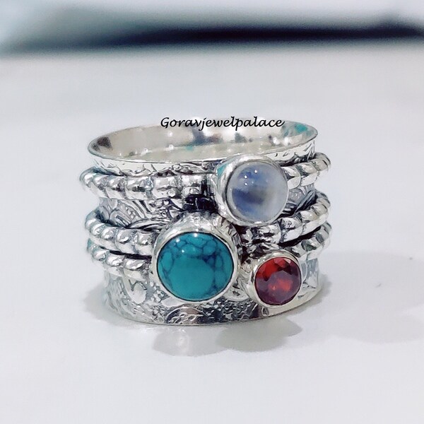 Handmade 925 Silver Spinner Ring: Moonstone, Garnet & Turquoise