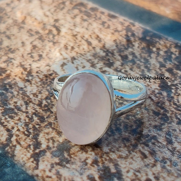 Anillo de cuarzo rosa hecho a mano: banda bohemia de plata de ley 925