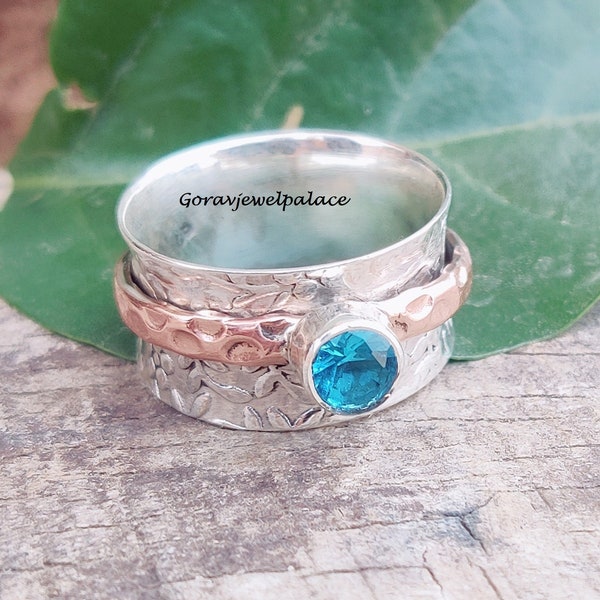 Blue Topaz Ring, 925 Silver Ring, Copper Spin Ring, Handmade Ring, Best Quality Ring, Meditation Ring, Silver Gift Jewelry,Hammered Ring