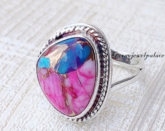 Anello turchese in rame rosa, anello a fascia di design, anello in argento sterling 925, anello fatto a mano, gioielli in argento, anello Larimar, anello Boho